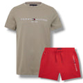 TOMMY HILFIGER LOGO T-SHIRT & SWIM SHORTS SET STONE & RED