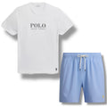 RALPH LAUREN POLO BIG LOGO T-SHIRT & SWIM SHORTS SET WHITE & LIGHT BLUE