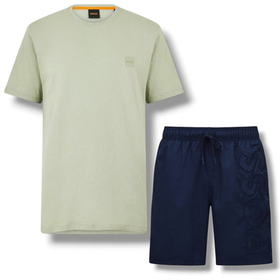 HUGO BOSS PATCH T-SHIRT & VERTI LOGO SWIM SHORTS SET LIGHT GREEN & NAVY BLUE
