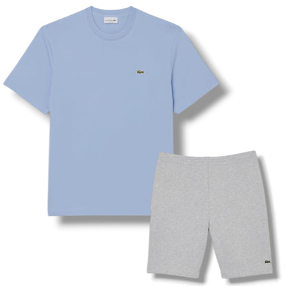 LACOSTE SMALL LOGO T-SHIRT & JERSEY SHORTS SET LIGHT BLUE & GREY