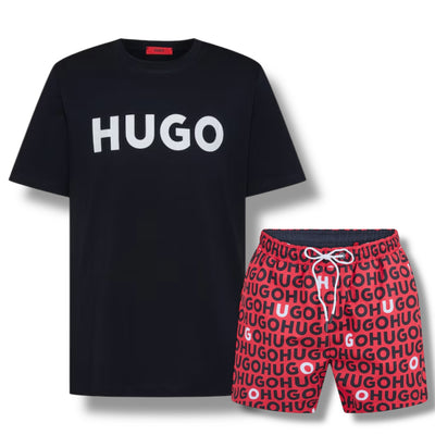 HUGO BIG LOGO T-SHIRT & ALL OVER SWIM SHORTS SET NAVY BLUE & RED