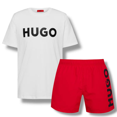 MHUGO BIG LOGO T-SHIRT & VERTI SWIM SHORTS SET WHITE - BLACK & RED
