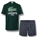 LACOSTE LARGE LOGO T-SHIRT & ALL OVER LOGO SWIM SHORTS SET GREEN & NAVY BLUE