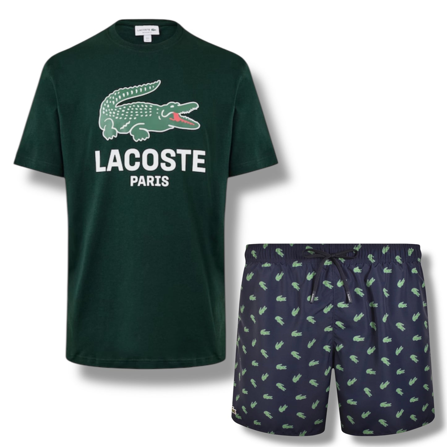 LACOSTE LARGE LOGO T-SHIRT & ALL OVER LOGO SWIM SHORTS SET GREEN & NAVY BLUE