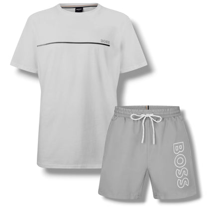 HUGO BOSS STORM T-SHIRT & SWIM SHORTS SET WHITE & GREY