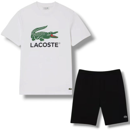 LACOSTE LARGE LOGO T-SHIRT & JERSEY SHORTS SET WHITE & BLACK