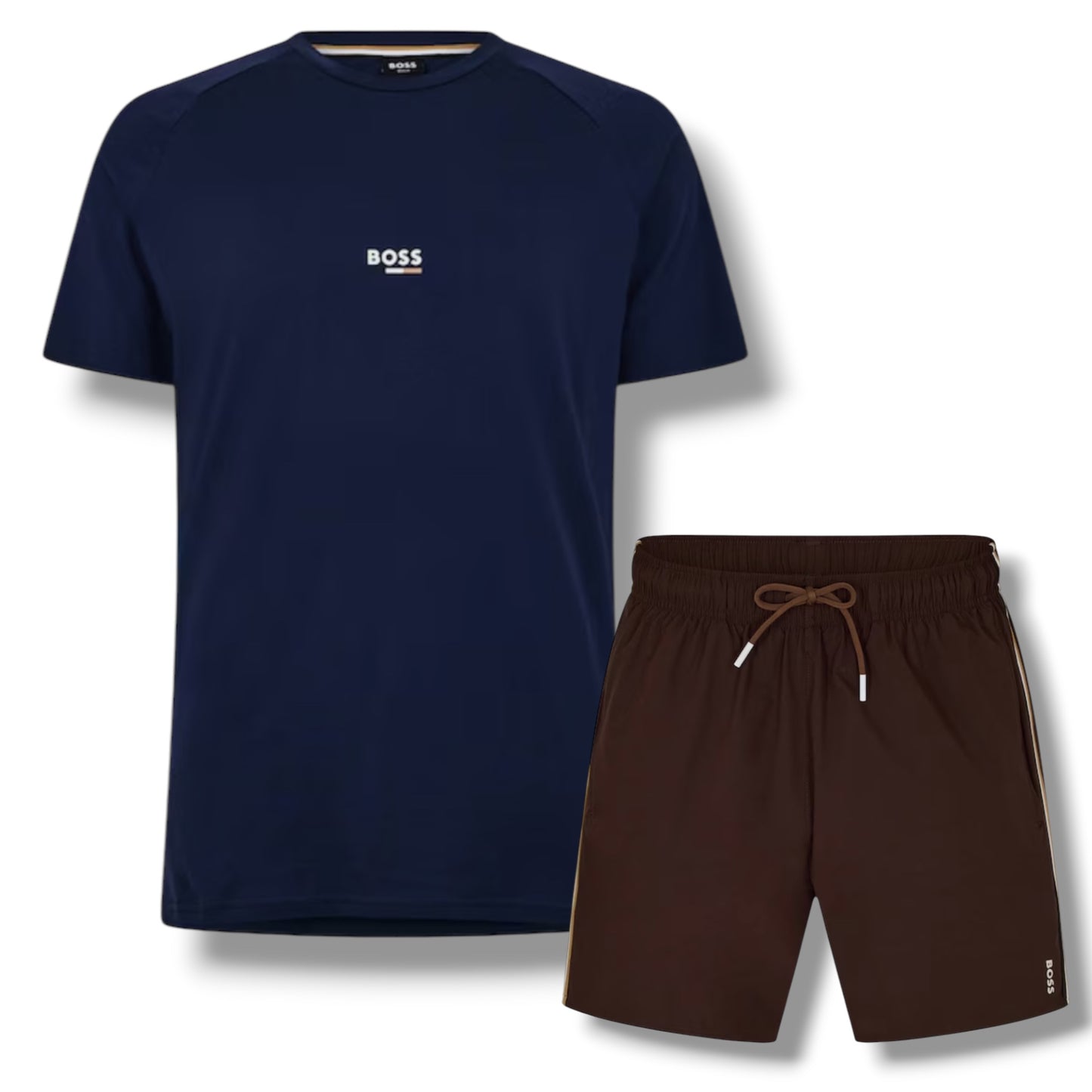 HUGO BOSS ICONIC T-SHIRT & SWIM SHORTS SET NAVY & BROWN