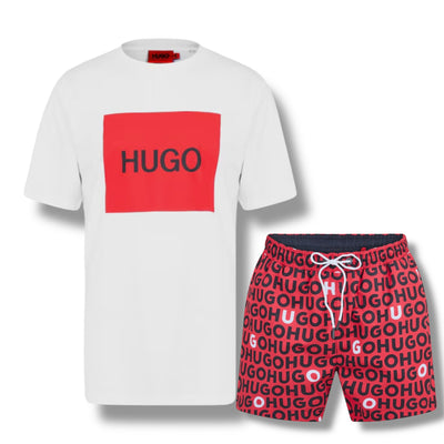 HUGO BIG BOX LOGO T-SHIRT & ALL OVER SWIM SHORTS SET WHITE & RED