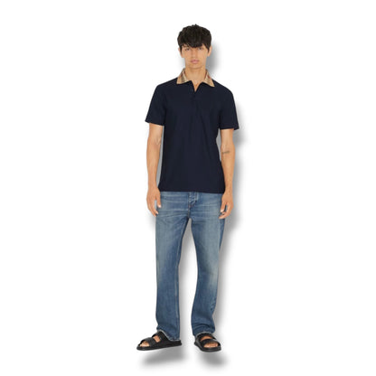 BURBERRY CHECK COLLAR POLO SHIRT NAVY BLUE