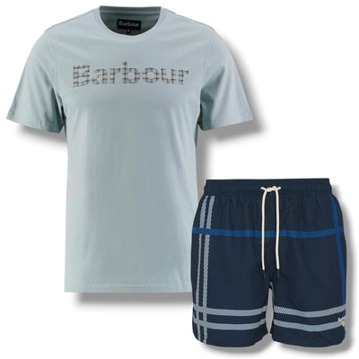 BARBOUR CHECK LOGO T-SHIRT & CHECK SWIM SHORTS SET SKY BLUE & NAVY BLUE