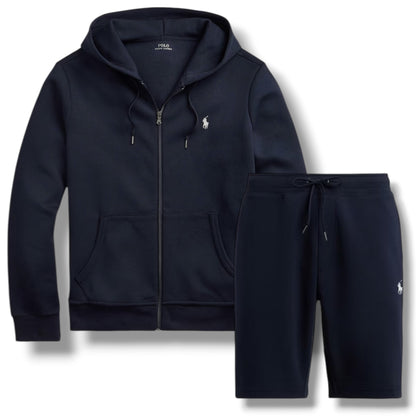 RALPH LAUREN TECH FULL ZIP HOODED SWEATSHIRT & JERSEY SHORTS SET NAVY BLUE