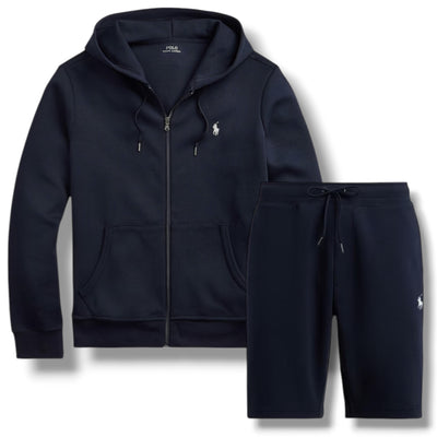 RALPH LAUREN TECH FULL ZIP HOODED SWEATSHIRT & JERSEY SHORTS SET NAVY BLUE