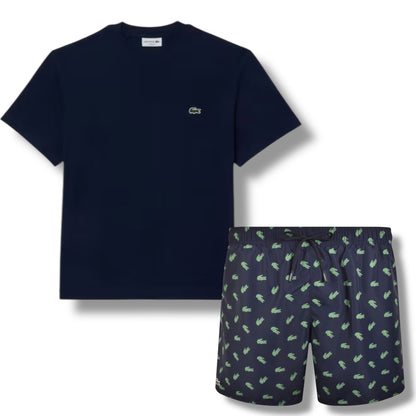 LACOSTE SMALL LOGO T-SHIRT & ALL OVER LOGO SWIM SHORTS SET NAVY & NAVY