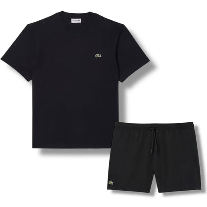 LACOSTE SMALL LOGO T-SHIRT & SWIM SHORTS SET BLACK & BLACK