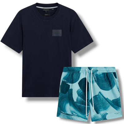 TED BAKER T-SHIRT & SWIM SHORTS SET NAVY BLUE & BLUE SWIRL