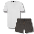 HUGO BOSS TRIM SLEEVE T-SHIRT & GEO SWIM SHORTS WHITE & BROWN