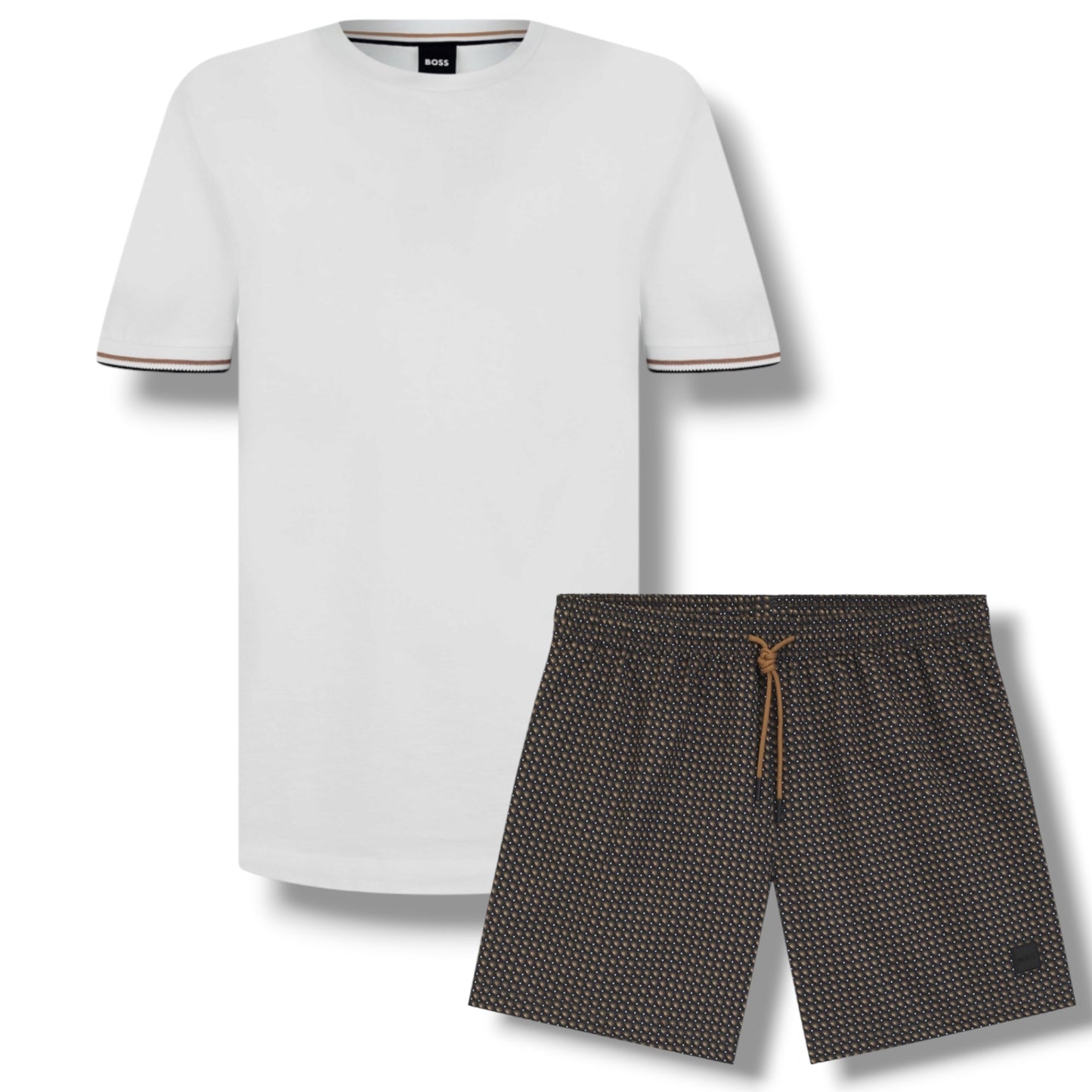HUGO BOSS TRIM SLEEVE T-SHIRT & GEO SWIM SHORTS WHITE & BROWN