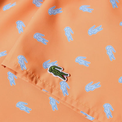 LACOSTE LARGE LOGO T-SHIRT & ALL OVER LOGO SWIM SHORTS SET LIGHT BLUE & ORANGE
