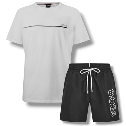HUGO BOSS STORM T-SHIRT & SWIM SHORTS SET WHITE & BLACK
