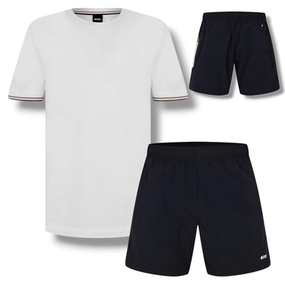 HUGO BOSS SLEEVE TRI TRIM T-SHIRT & SIDE TRIM SWIM SHORTS SET WHITE & BLACK