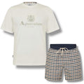 AQUASCUTUM BIG LOGO T-SHIRT & CHECK SWIM SHORTS SET WHITE - BEIGE
