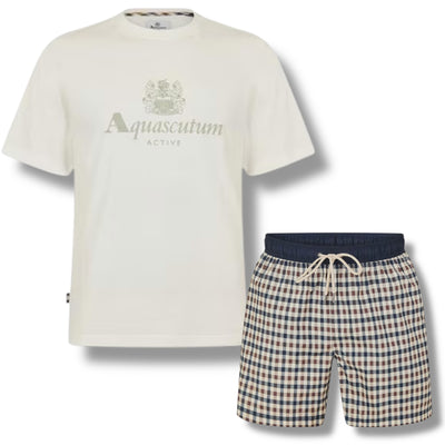 AQUASCUTUM BIG LOGO T-SHIRT & CHECK SWIM SHORTS SET WHITE - BEIGE