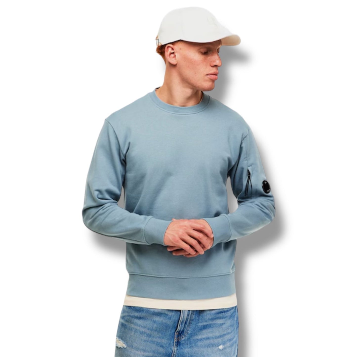 CP COMPANY LENS ARM CREWNECK SWEATSHIRT SILVER BLUE