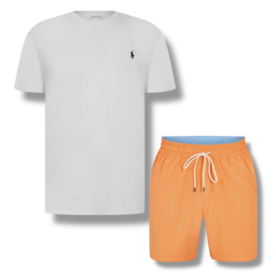 RALPH LAUREN T-SHIRT & SWIM SHORTS SET WHITE & ORANGE