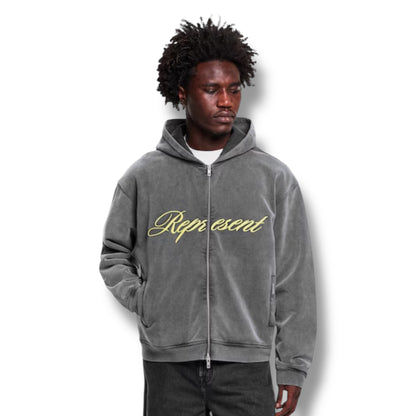REPRESENT SCRIPT FULL ZIP HOODIE WASHED GREY