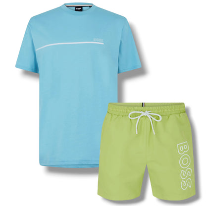 HUGO BOSS STORM T-SHIRT & SWIM SHORTS SET AQUA BLUE & LIME GREEN
