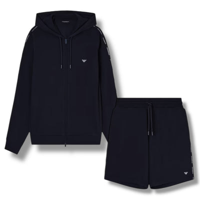 EMPORIO ARMANI ZIP UP TRIM HOODIE & SHORTS SET NAVY BLUE