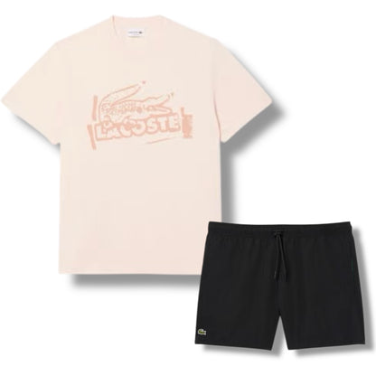 LACOSTE LARGE LOGO T-SHIRT & SWIM SHORTS SET ORANGE & BLACK