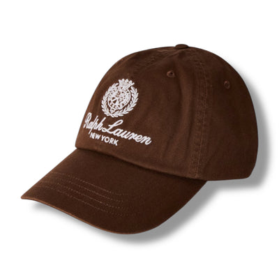 RALPH LAUREN CREST EMBROIDERED LOGO BASEBALL CAP BROWN