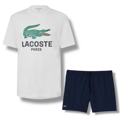 LACOSTE LARGE LOGO T-SHIRT & SWIM SHORTS SET WHITE & NAVY BLUE