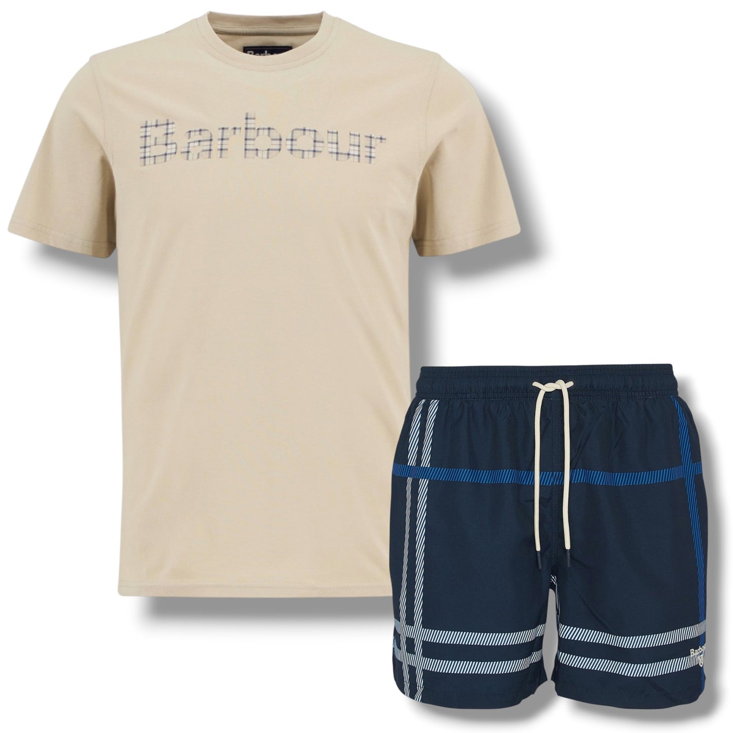 BARBOUR CHECK LOGO T-SHIRT & CHECK SWIM SHORTS SET BEIGE & NAVY BLUE
