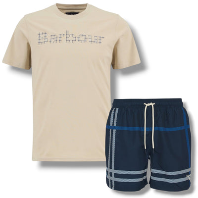 BARBOUR CHECK LOGO T-SHIRT & CHECK SWIM SHORTS SET BEIGE & NAVY BLUE