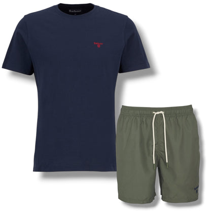 BARBOUR SMALL LOGO T-SHIRT & SWIM SHORTS SET NAVY & OLIVE GREEN