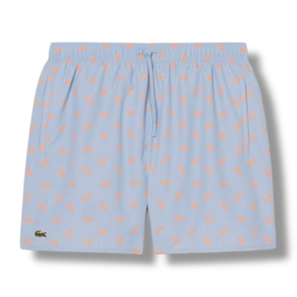 LACOSTE LARGE LOGO T-SHIRT & ALL OVER LOGO SWIM SHORTS SET LIGHT BLUE