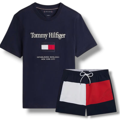 TOMMY HILFIGER BIG FLAG T-SHIRT & SWIM SHORTS SET NAVY BLUE