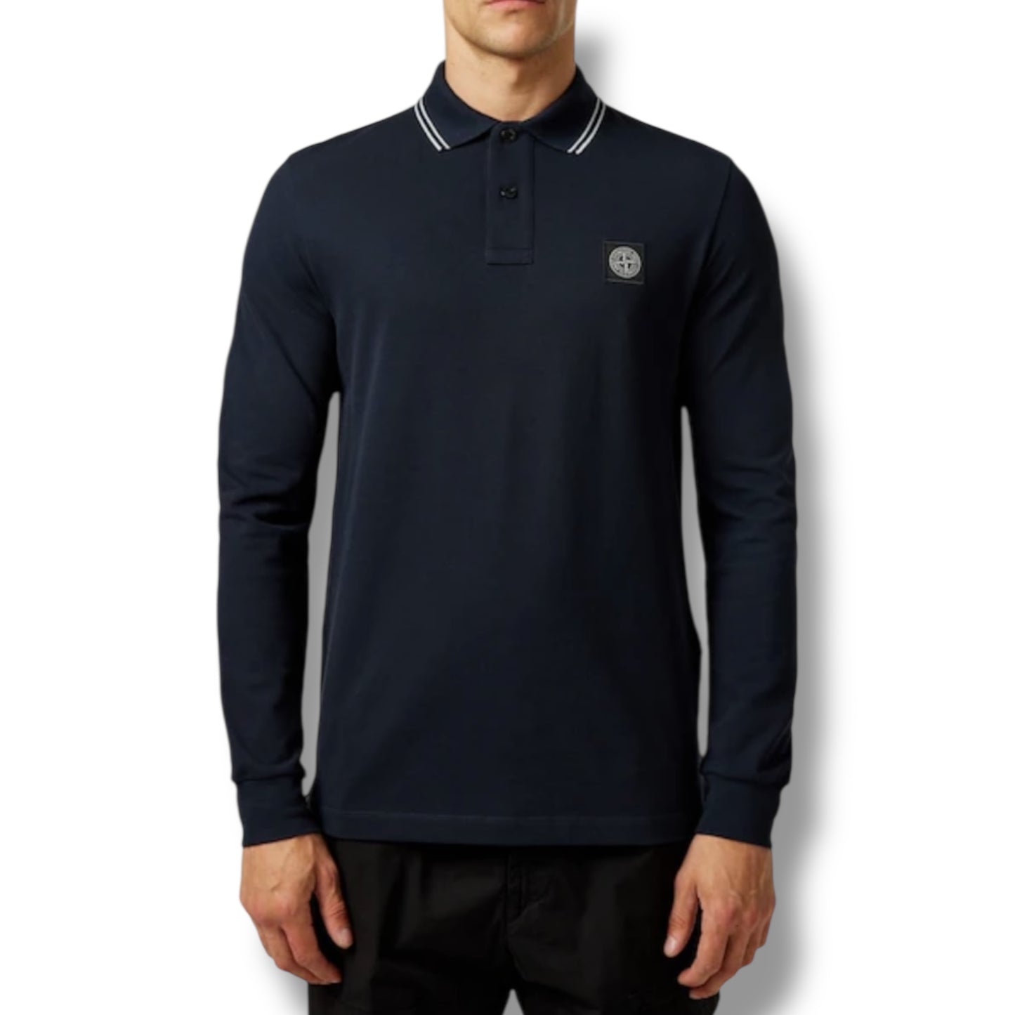 STONE ISLAND LONG SLEEVE PATCH LOGO POLO SHIRT NAVY BLUE