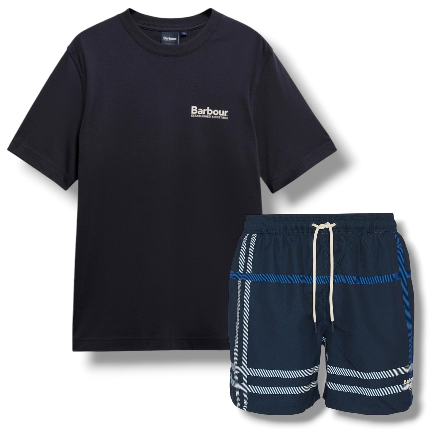 BARBOUR LIGHTHOUSE BACK LOGO T-SHIRT & CHECK SWIM SHORTS SET NAVY BLUE