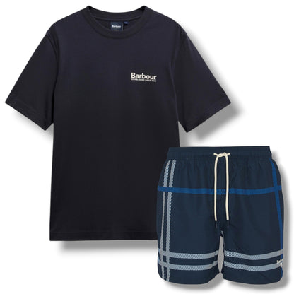BARBOUR LIGHTHOUSE BACK LOGO T-SHIRT & CHECK SWIM SHORTS SET NAVY BLUE
