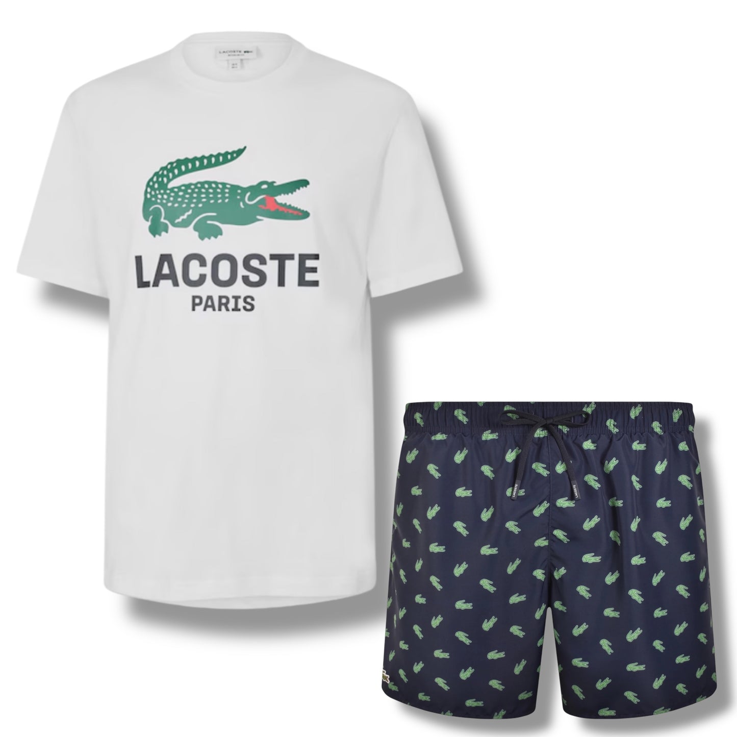 LACOSTE LARGE LOGO T-SHIRT & ALL OVER LOGO SWIM SHORTS SET WHITE & NAVY