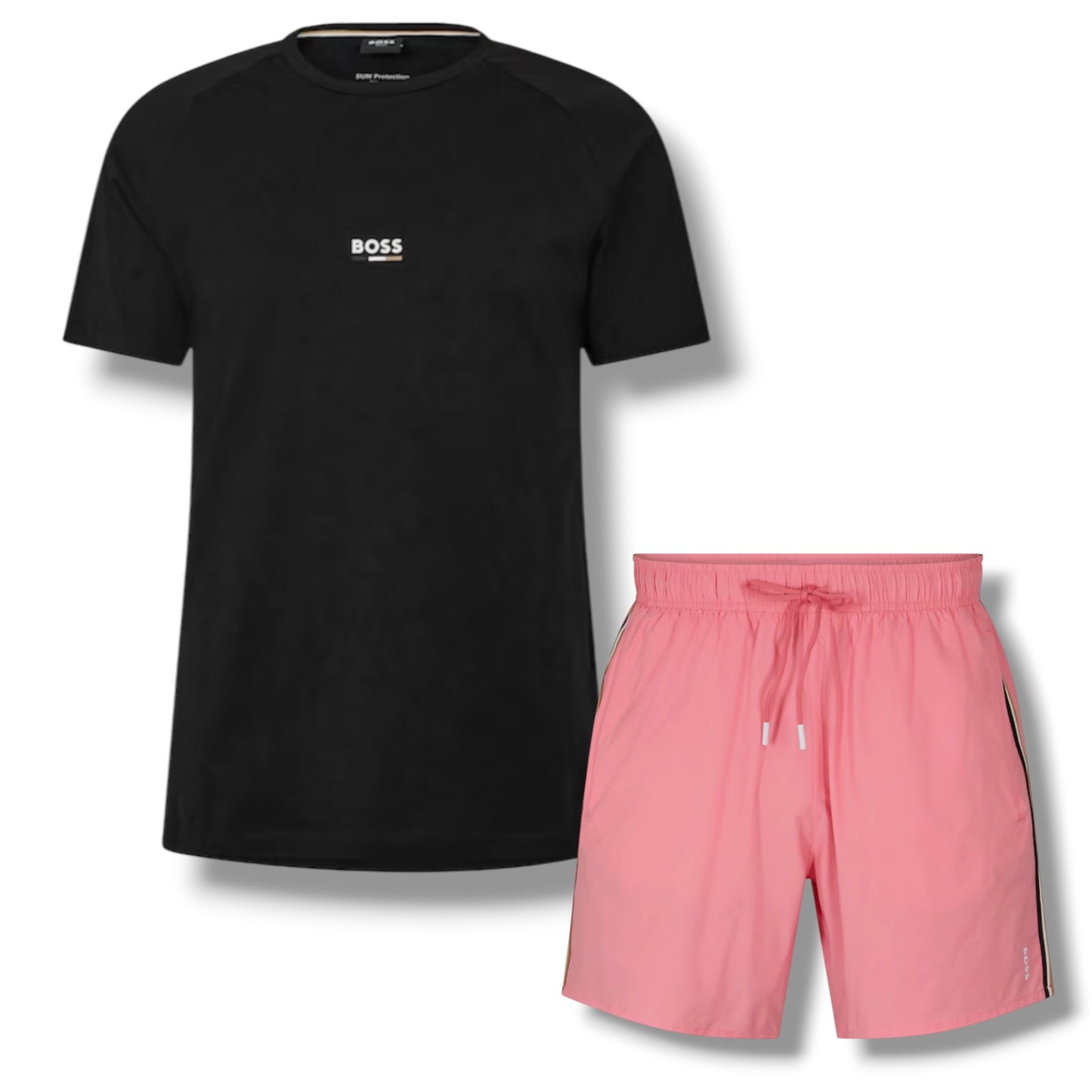 HUGO BOSS ICONIC T-SHIRT & SWIM SHORTS SET BLACK & PINK