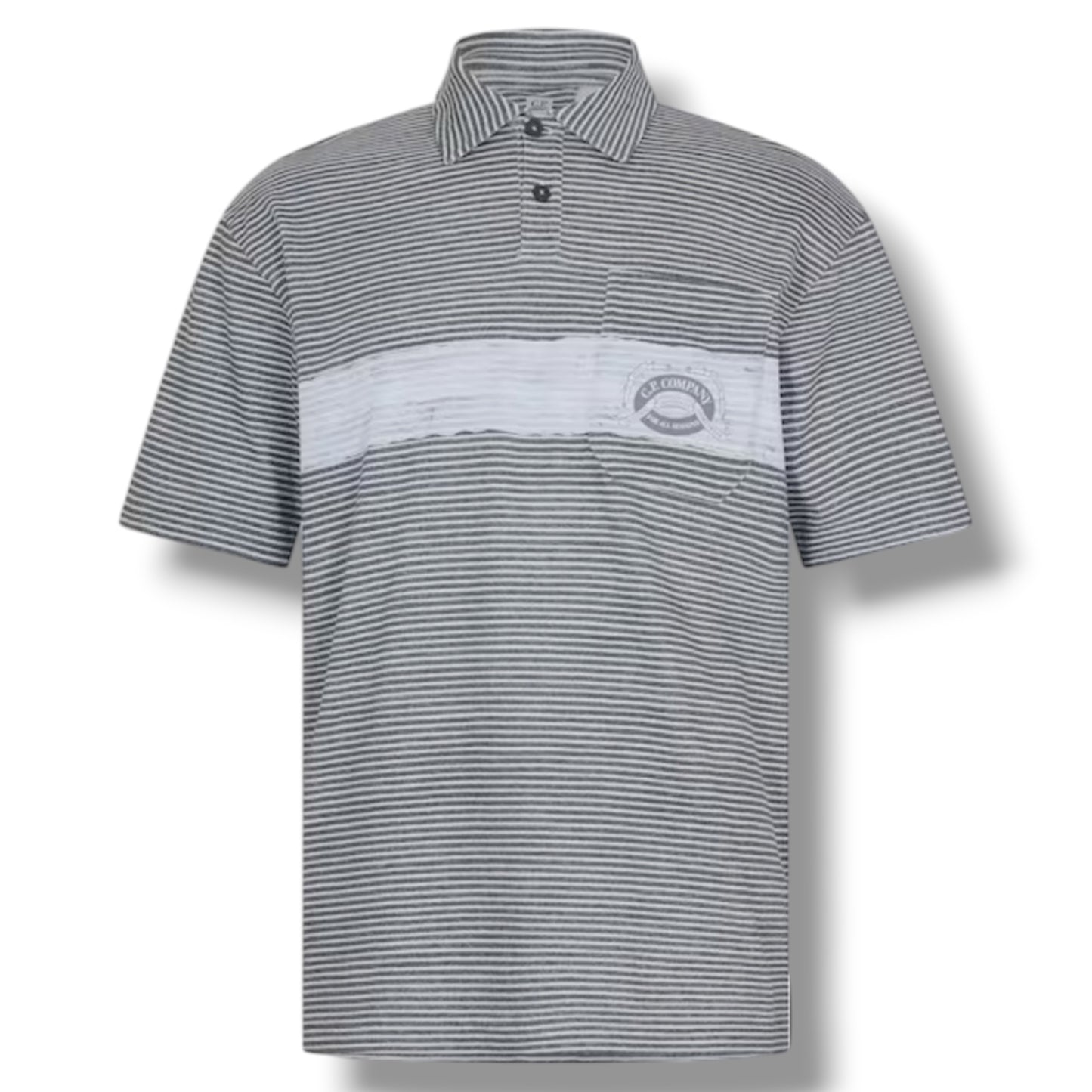 CP COMPANY THIN STRIPE POLO SHIRT & SWIM SHORTS SET GUNMETAL GREY