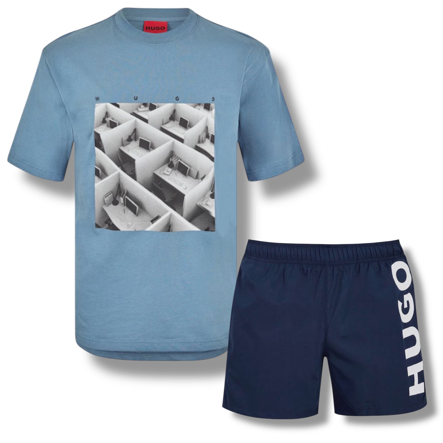 HUGO DESK LOGO T-SHIRT & VERTI LOGO SWIM SHORTS SET LIGHT BLUE & NAVY