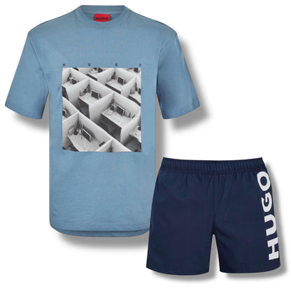 HUGO DESK LOGO T-SHIRT & VERTI LOGO SWIM SHORTS SET LIGHT BLUE & NAVY