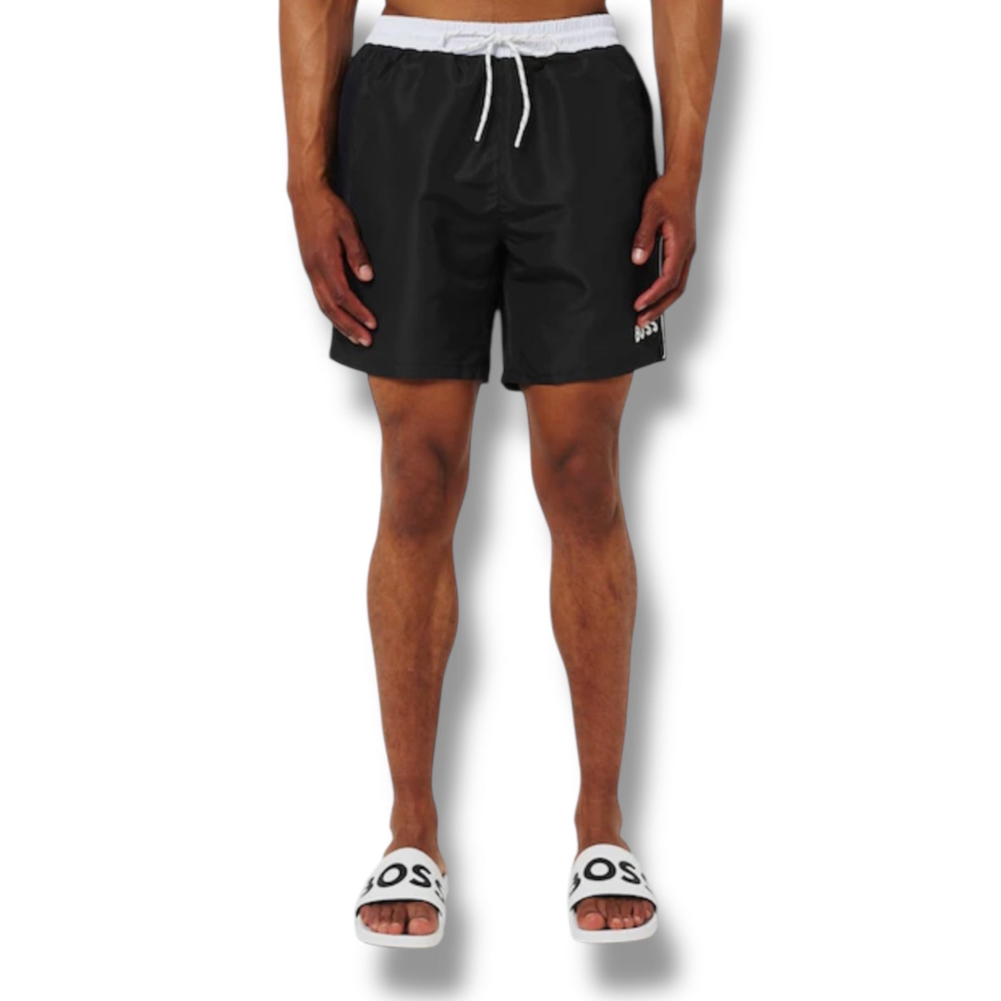 HUGO BOSS BIG LOGO T-SHIRT & SWIM SHORTS COMBO WHITE & BLACK