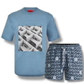 HUGO DESK LOGO T-SHIRT & ALL OVER SWIM SHORTS SET LIGHT BLUE