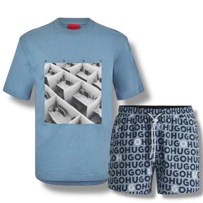 HUGO DESK LOGO T-SHIRT & ALL OVER SWIM SHORTS SET LIGHT BLUE